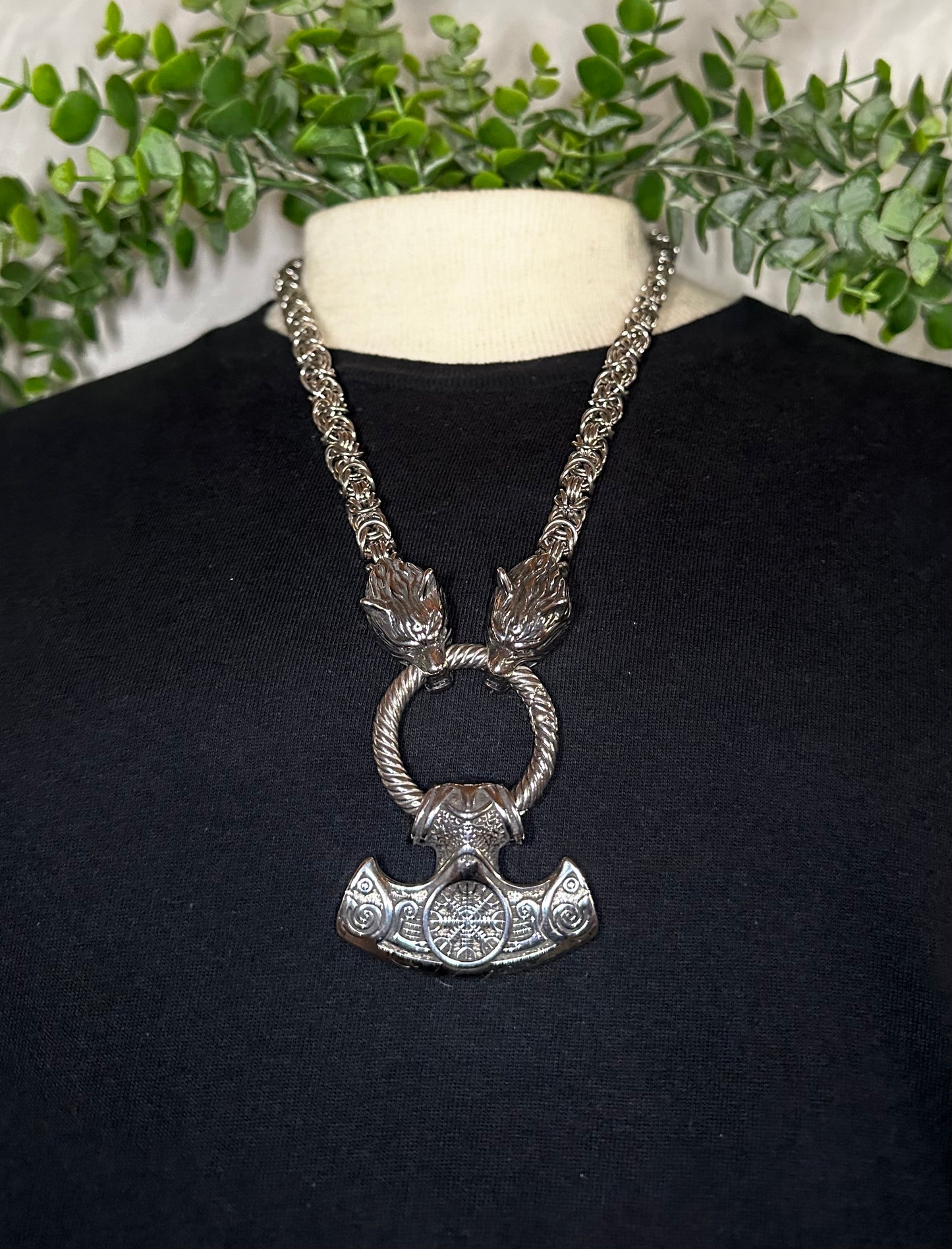 Byzantine Wolf Chain w/ XL Helm Of Awe Mjolnir