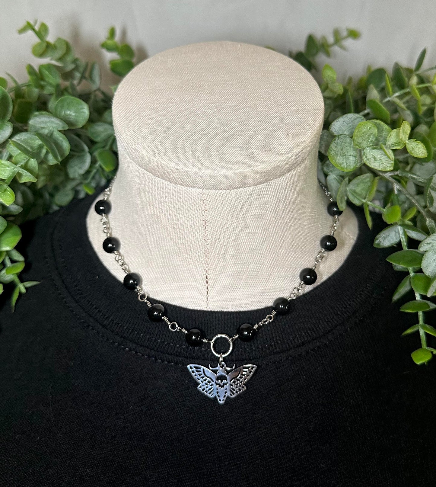 Black Onyx Choker With Moth Pendant