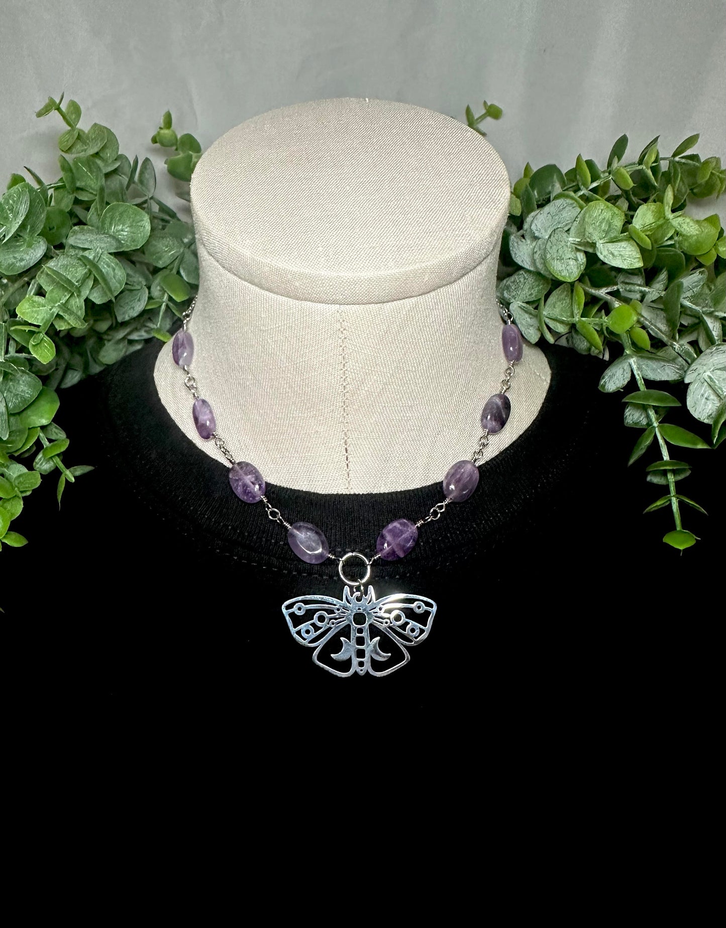 Oval Amethyst Choker With Moth Pendant