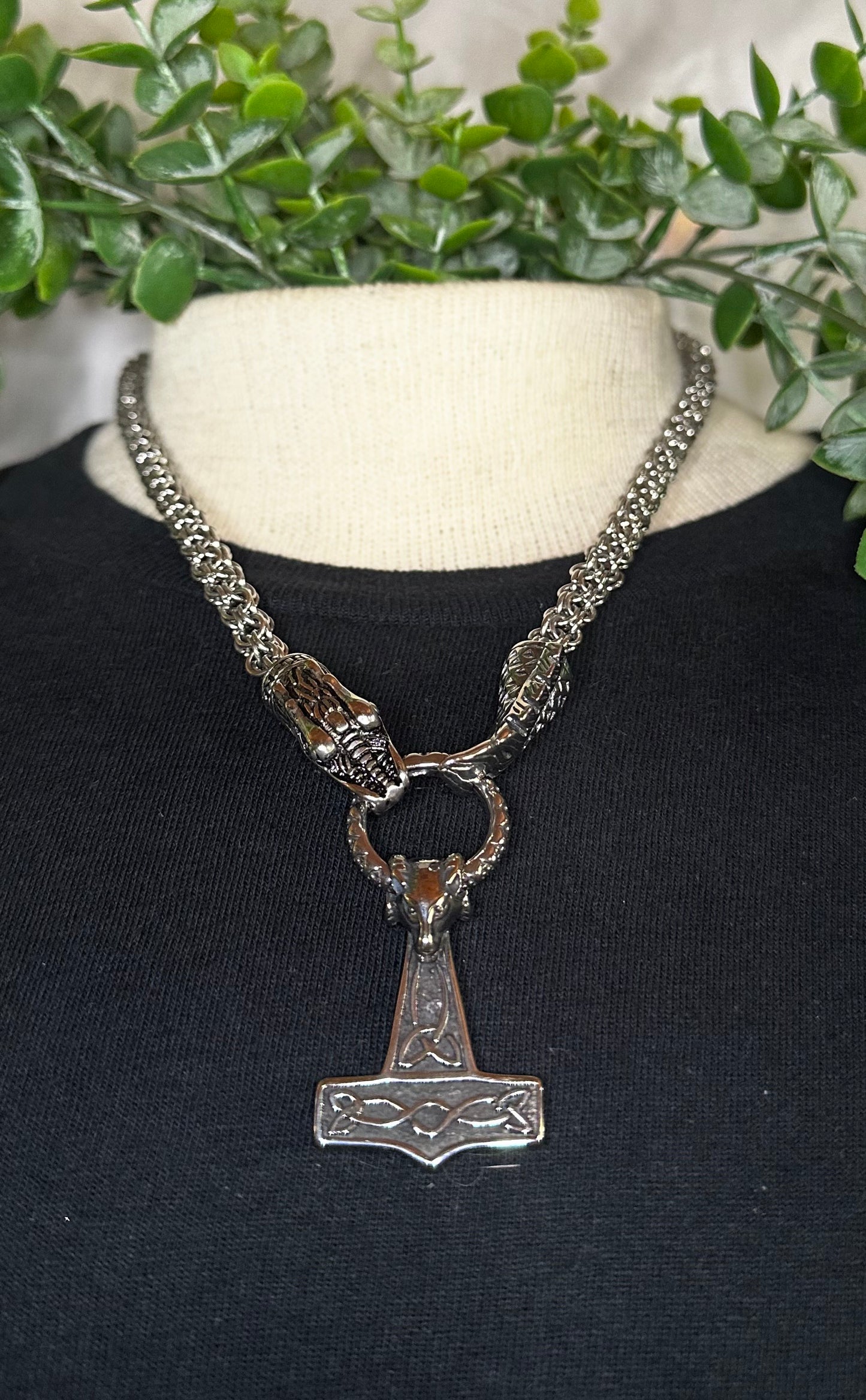 Celtic Jormungandr Chain w/ Ram Mjolnir Pendant