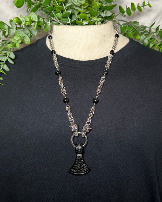 Black Obsidian Wolf Chain w/ Black Axe Pendant