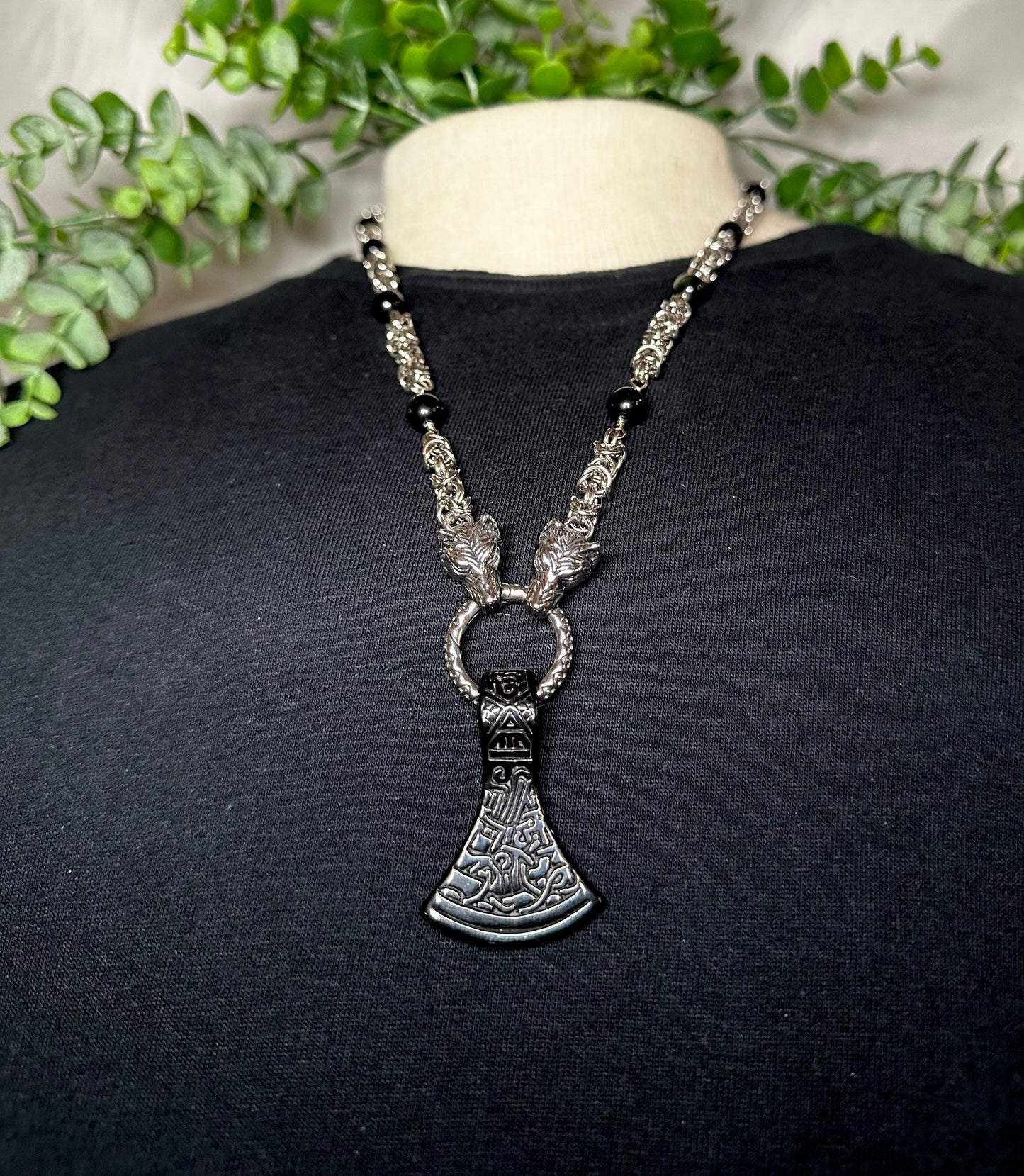 Black Obsidian Wolf Chain w/ Black Axe Pendant