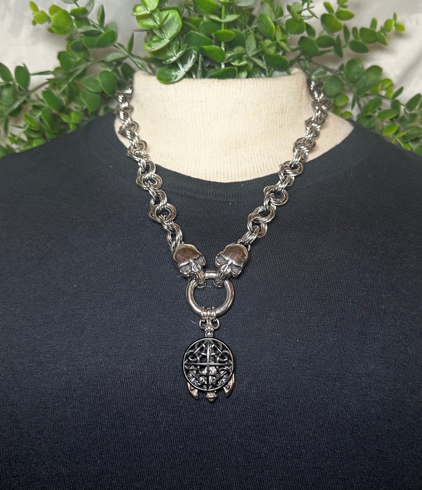 Custom Weave Skull Chain w/ Axe & Celtic Knot Pendant