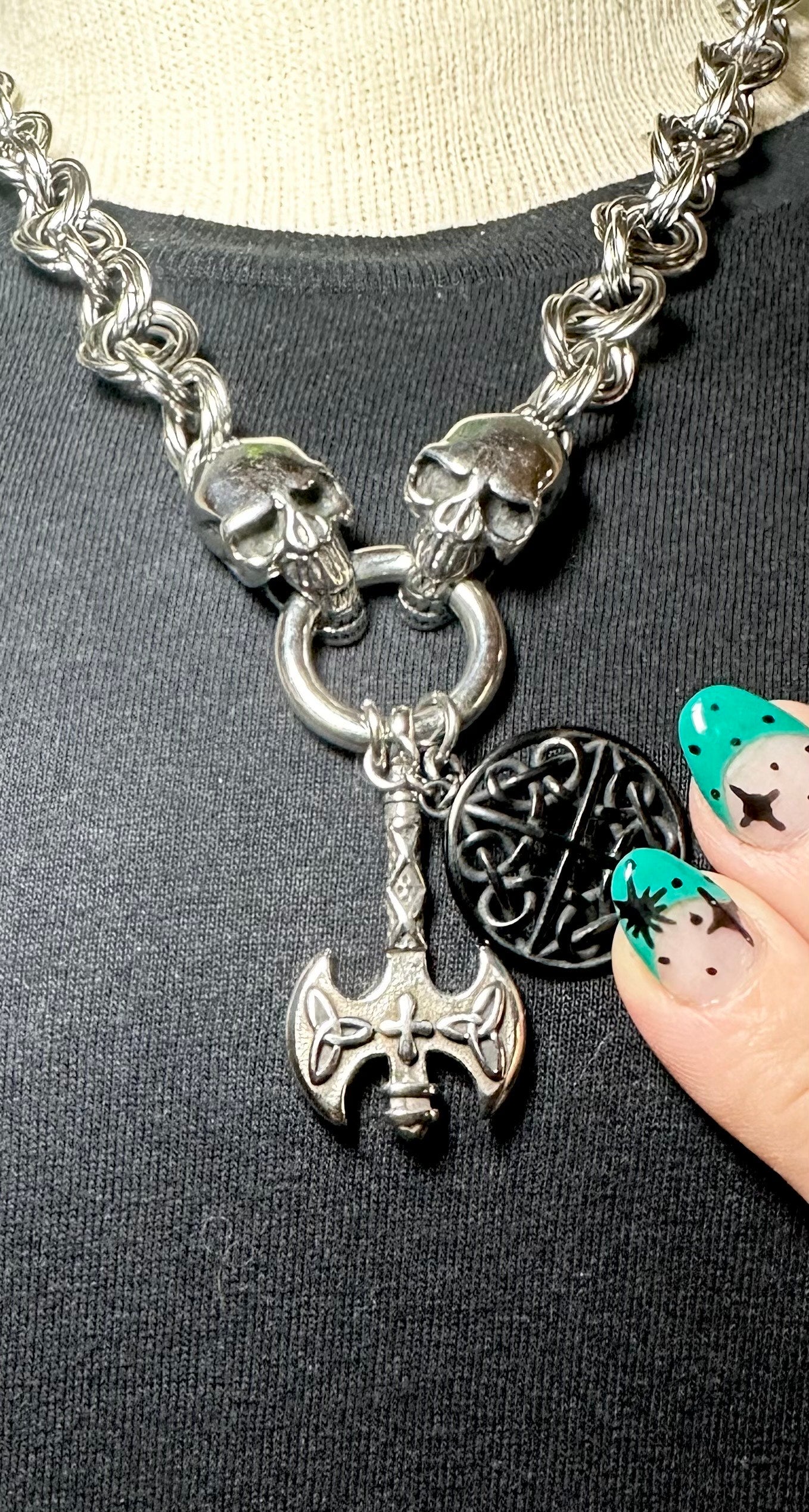 Custom Weave Skull Chain w/ Axe & Celtic Knot Pendant