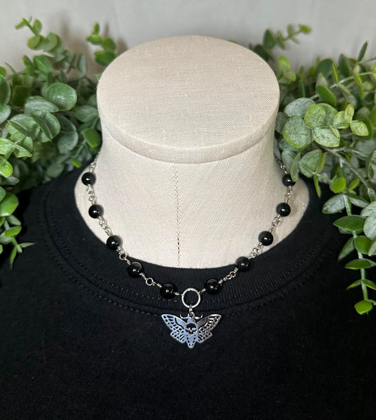 Black Onyx Choker With Moth Pendant