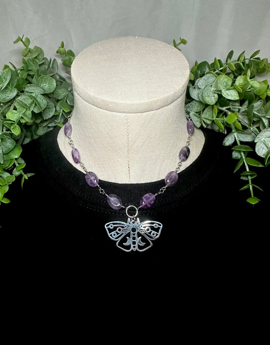 Oval Amethyst Choker With Moth Pendant