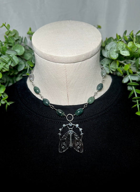 Oval Moss Agate Choker With Moth Pendant