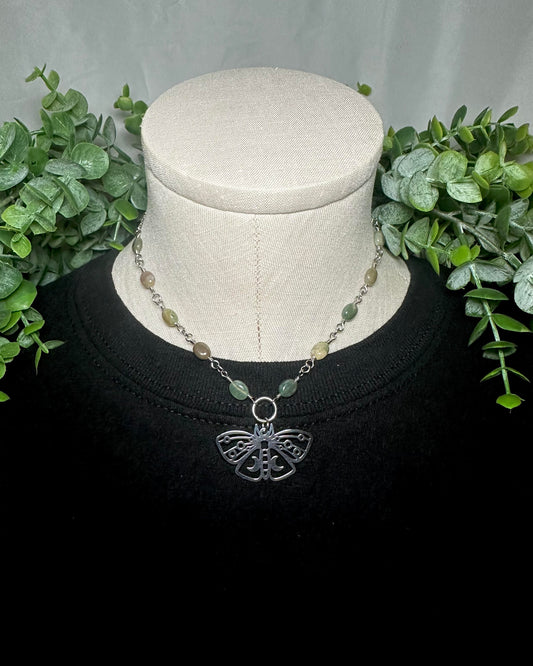 Oval Indian Agate Choker With Moth Pendant